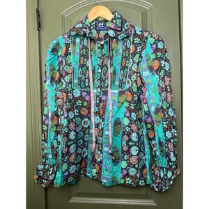 NWT Ro's Garden Jiji Floral Button Up Smocked Boho Art Shirt Yeshi Aqua Teal XS